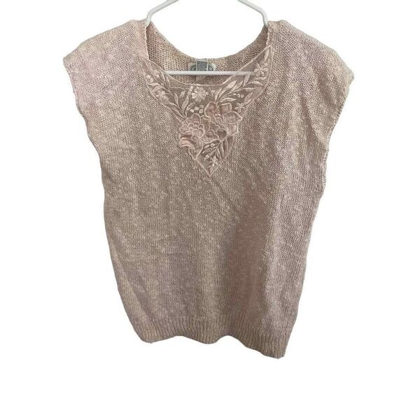 Vintage Parrinello Ramie Cotton Rayon Pink Cream Knit Lace Sweater Vest Size M‎ - Picture 1 of 8